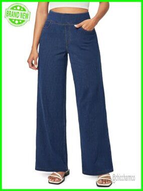 Wide Leg High Waisted Pull On Jeans Stretch Denim Pants Comfort
